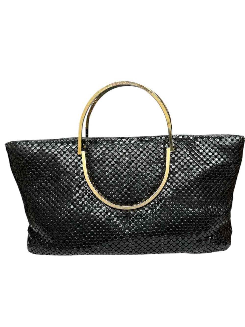 Vintage Ashley Moore Black Metal Mesh Evening Clutch Gold Handle Art Deco Glam